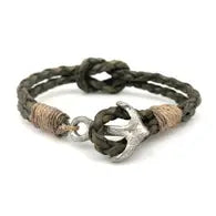 Braided Green Leather with Anchor Clasp Men's Bracelet