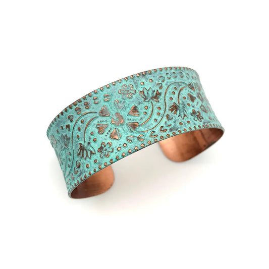 Turquoise Floral & Vine Copper Patina Cuff Bracelet
