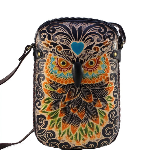 Leather Black Owl Pouch Purse Handbag Crossbody