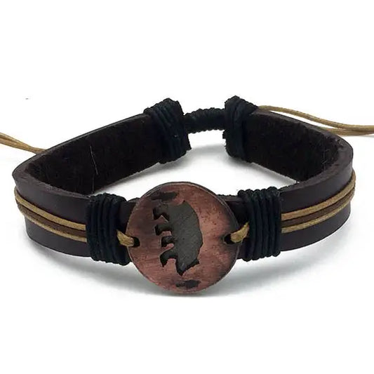 Pull Tie Leather Bracelet Antiqued Copper Bear