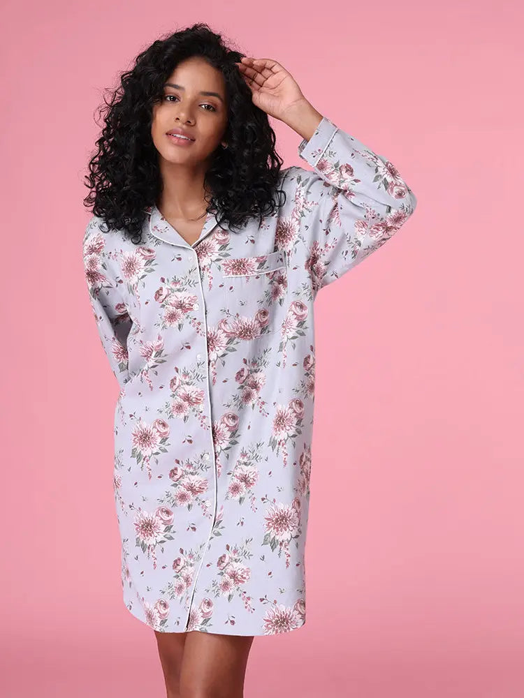 Ladies Long Sleeve Cotton Flannel Nightshirt - Carolyn - Modest Sleepwear