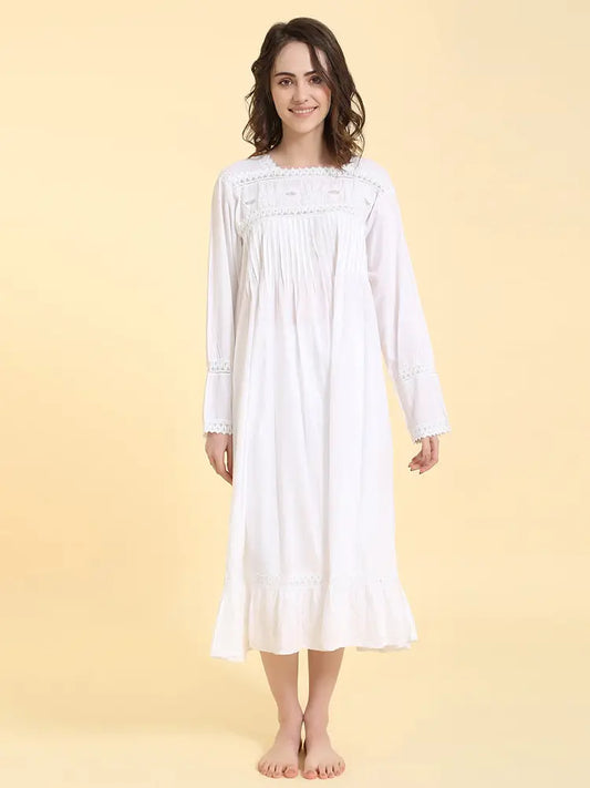 Ladies Long Sleeve Cotton Nightgown - Marina - Long Modest Sleepwear