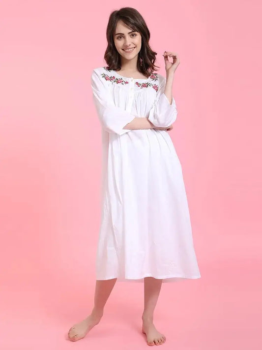 Teodora 3/4 Sleeve Cotton Nightgown - Marina - Long Modest Sleepwear