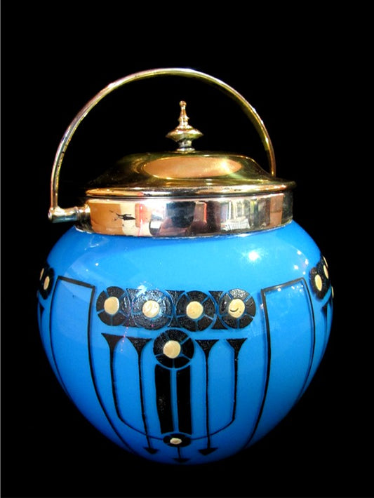 UNIQUE Antique Mappin & Webb's Princes Plate Aqua Blue Enameled Cased Glass Art Deco Buscuit Jar or Humidor
