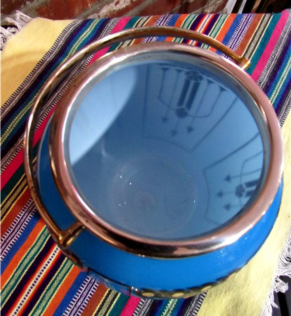 UNIQUE Antique Mappin & Webb's Princes Plate Aqua Blue Enameled Cased Glass Art Deco Buscuit Jar or Humidor